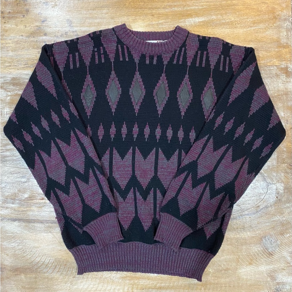 Vintage Knit Sweater with Leather Detail